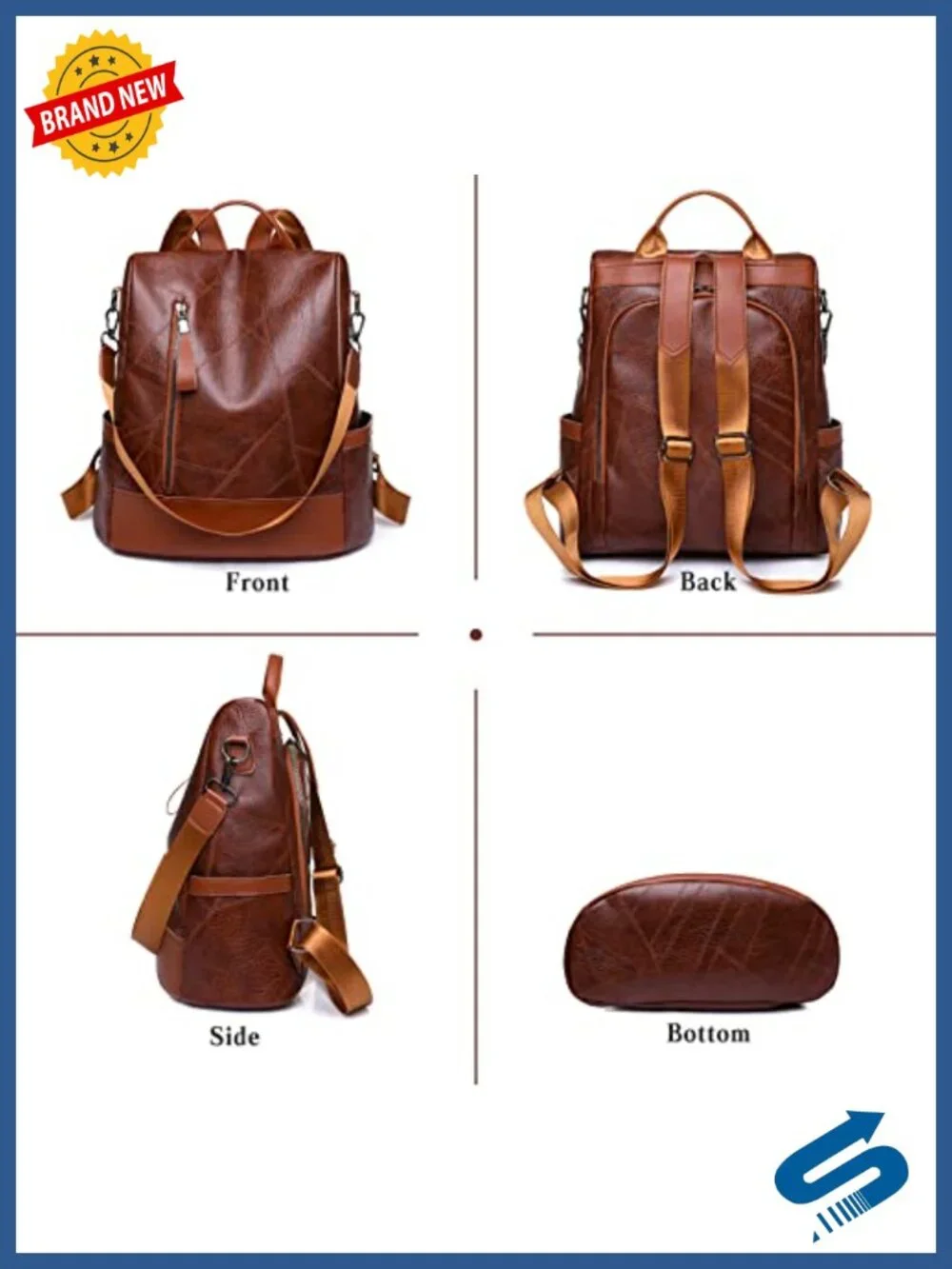 Anti-Theft Waterproof PU Leather Daypack for Travel Work Leisure